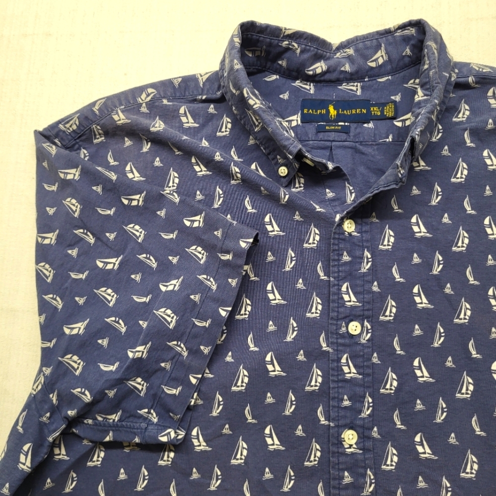 Polo Ralph Lauren Shirt Mens 2XL Blue Geometric‎ Boating Camp Outdoor Vacation